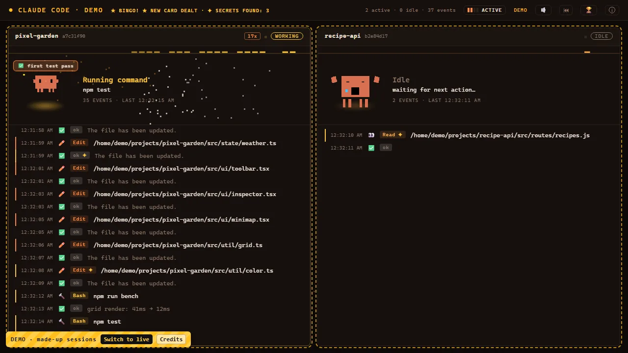 The CC Watcher dashboard with two Claude Code sessions side by side: pixel-garden running a command, recipe-api idle.