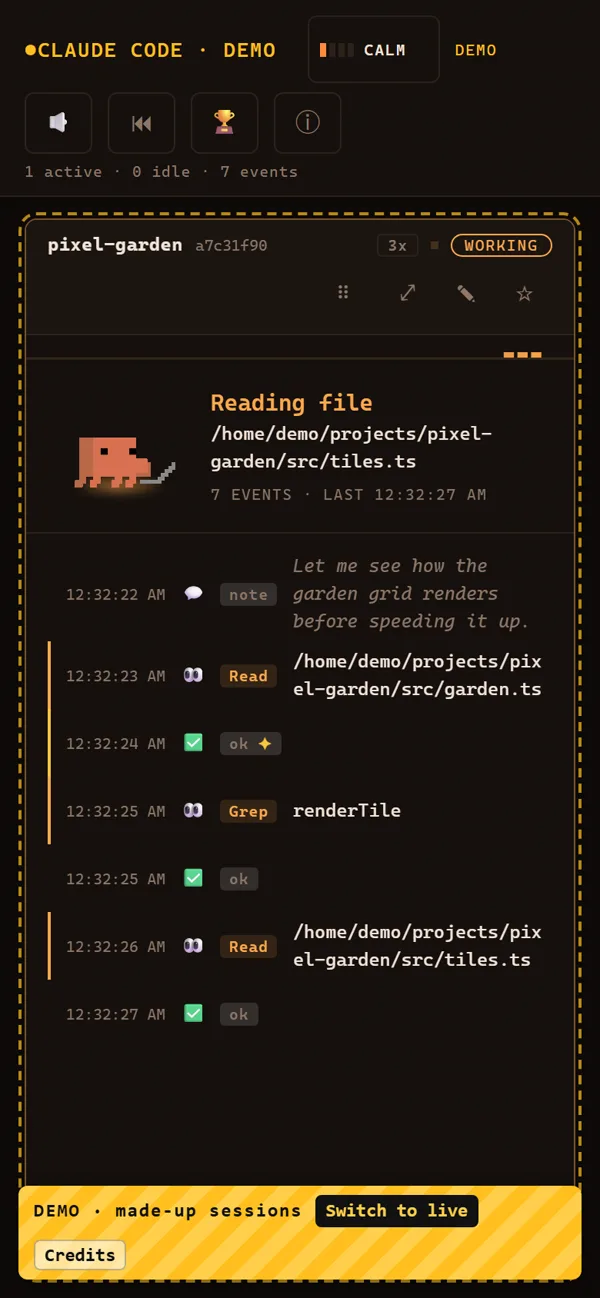 CC Watcher on a phone: a pixel-garden session reading files.